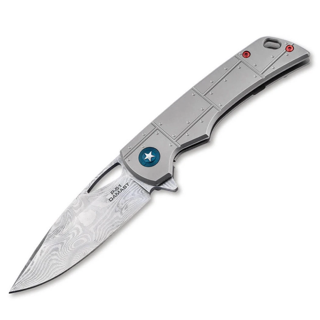 Boker Plus P51 Mustang Damast Fighter Plane Titanium Frame Lock Knife 01BO910DAM 4 Boker Plus P51 Mustang Damast Fighter Plane Titanium Frame Lock Knife 01BO910DAM - Image 2
