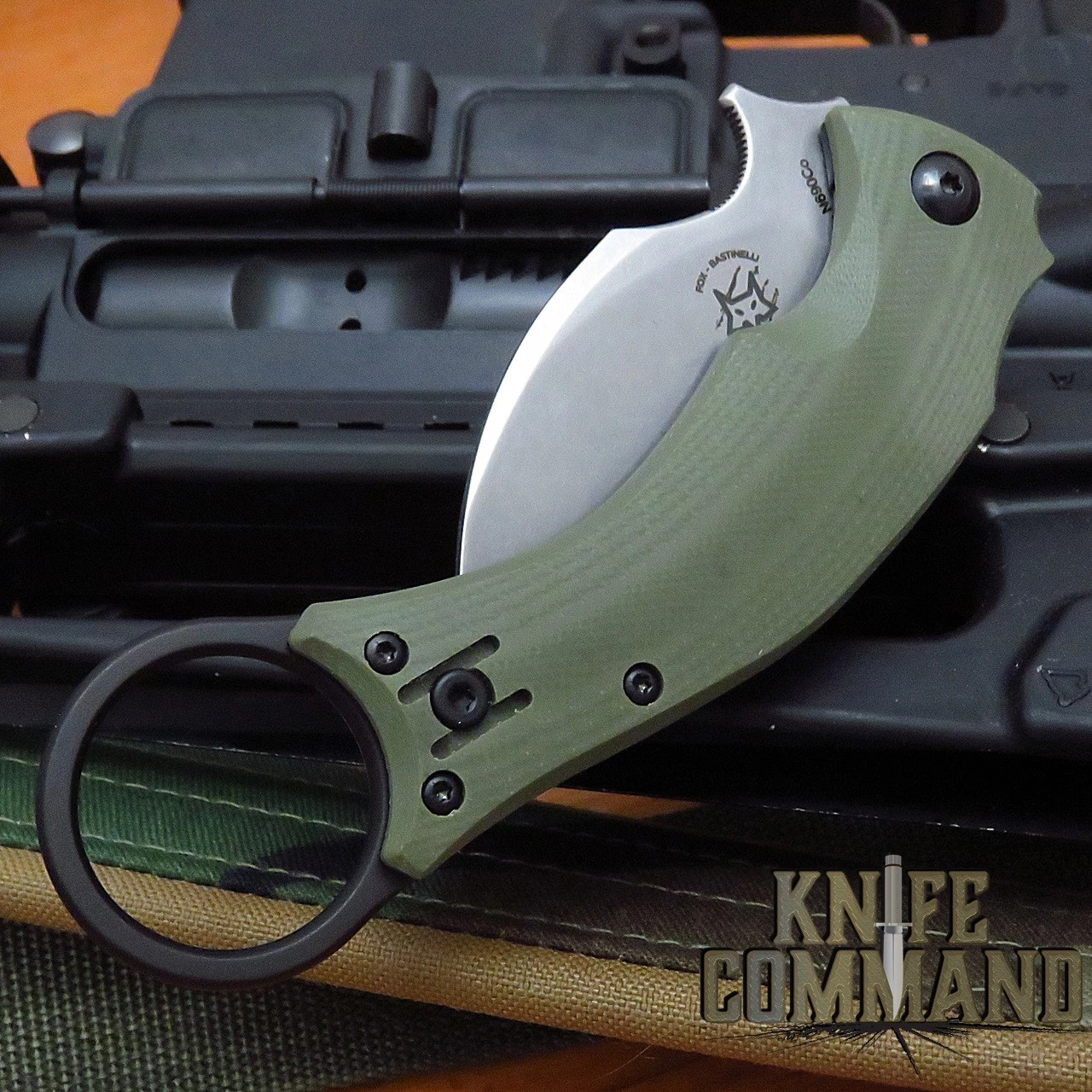 Fox Knives Bastinelli OD Green Black Bird Karambit Folding Knife FX-591ODSW Stonewashed Blade 5 Fox Knives Bastinelli OD Green Black Bird Karambit Folding Knife FX-591ODSW Stonewashed Blade - Image 3