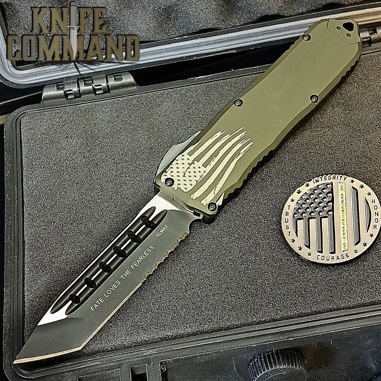 Guardian Tactical Recon Elite OD Green OTF Automatic Knife Serr Tanto Black Elmax 108222 2 Guardian Tactical Recon Elite OD Green OTF Automatic Knife Serr Tanto Black Elmax 108222