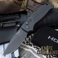 Hogue Knives Ballista I Automatic Folder: 3.5" Drop Point Blade Black Cerakote Finish, Matte Black Aluminum Frame #64130