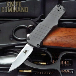 HK Micro Incursion OTF Automatic: 1.95" Clip Point Blade - Stone Tumbled Finish, Matte Grey Aluminum Frame 54032