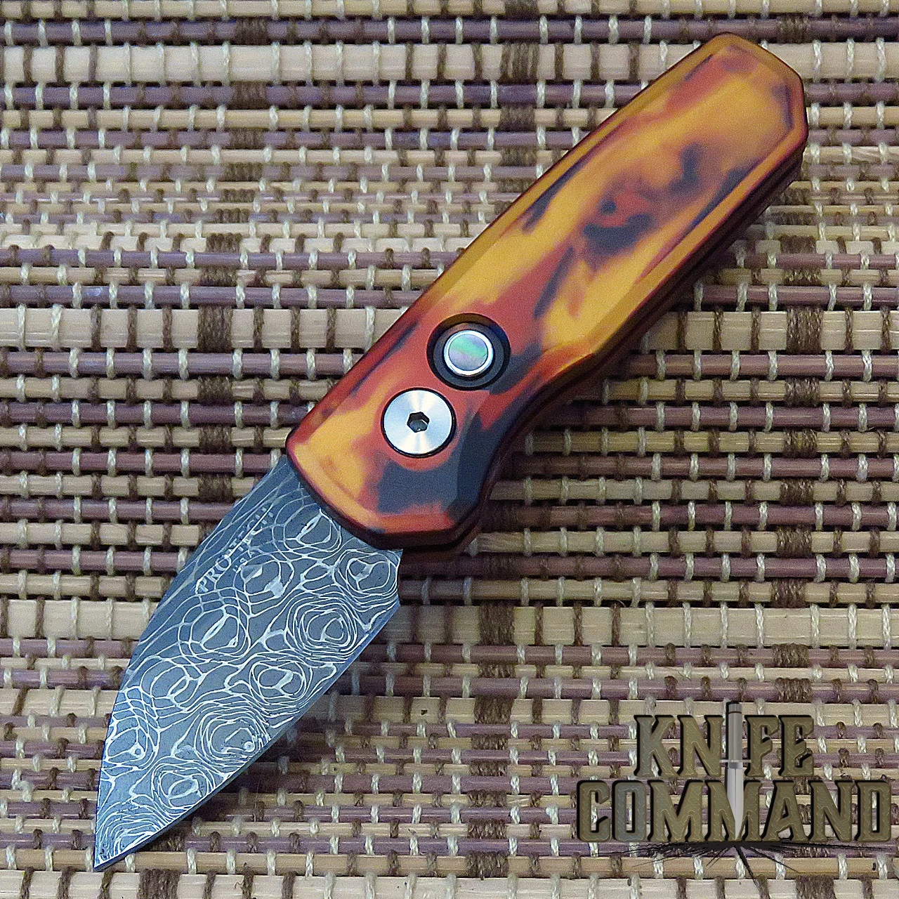 Pro-Tech Knives R5301-DF Dama Runt 5 Del Fuego Automatic Folder Knife Folder 1-15/16" Damascus Wharncliffe Blade 3 Pro-Tech Knives R5301-DF Dama Runt 5 Del Fuego Automatic Folder Knife Folder 1-15/16" Damascus Wharncliffe Blade